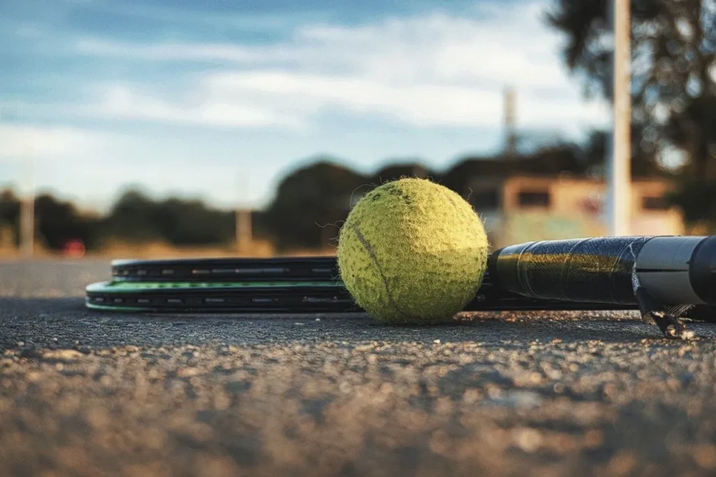 Tennis ball and racket laying on the tennis court